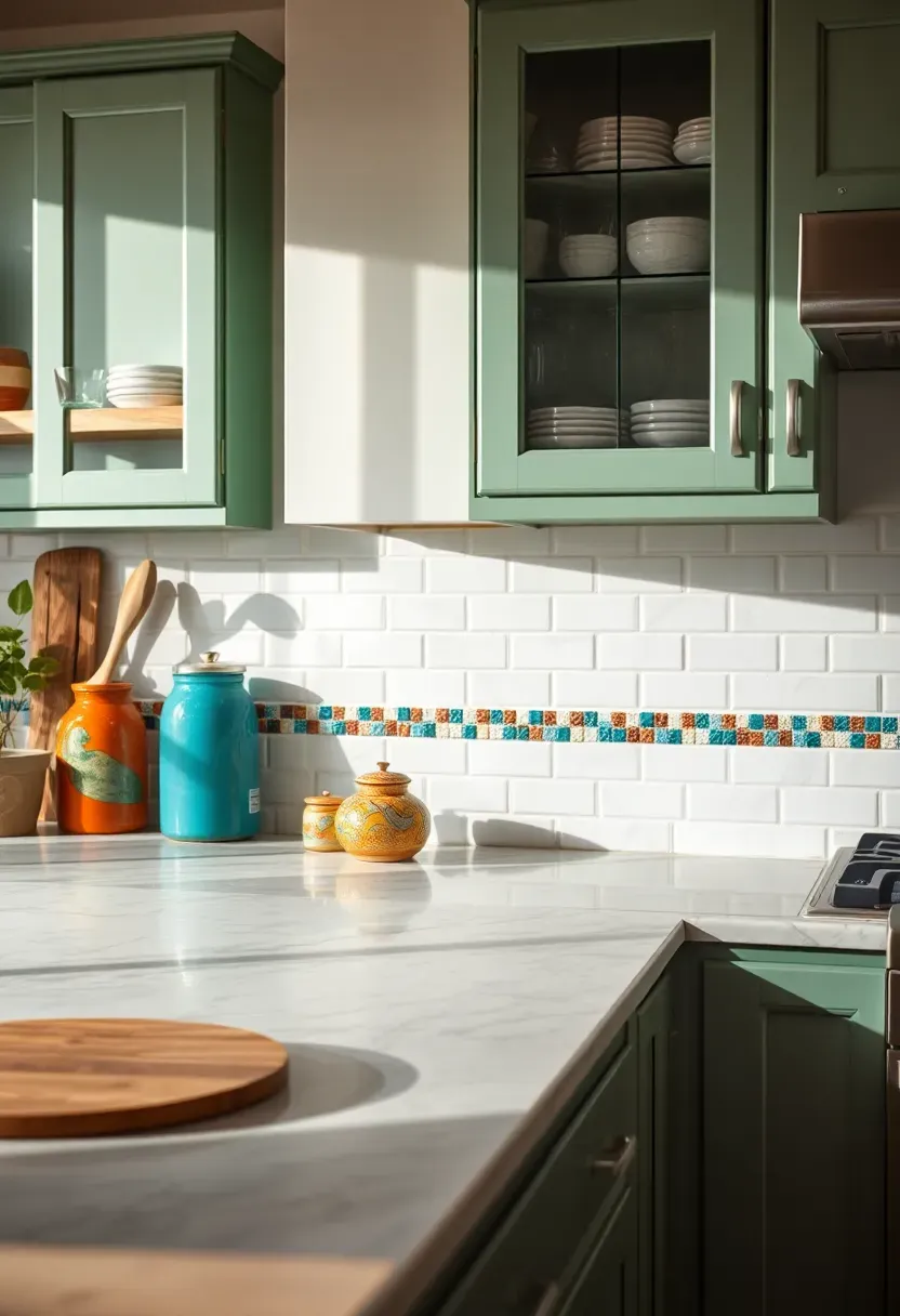 narrow mosaic border strip in mixed glass and stone creating decorative band at top of white subway tile backsplash in eclectic kitchen