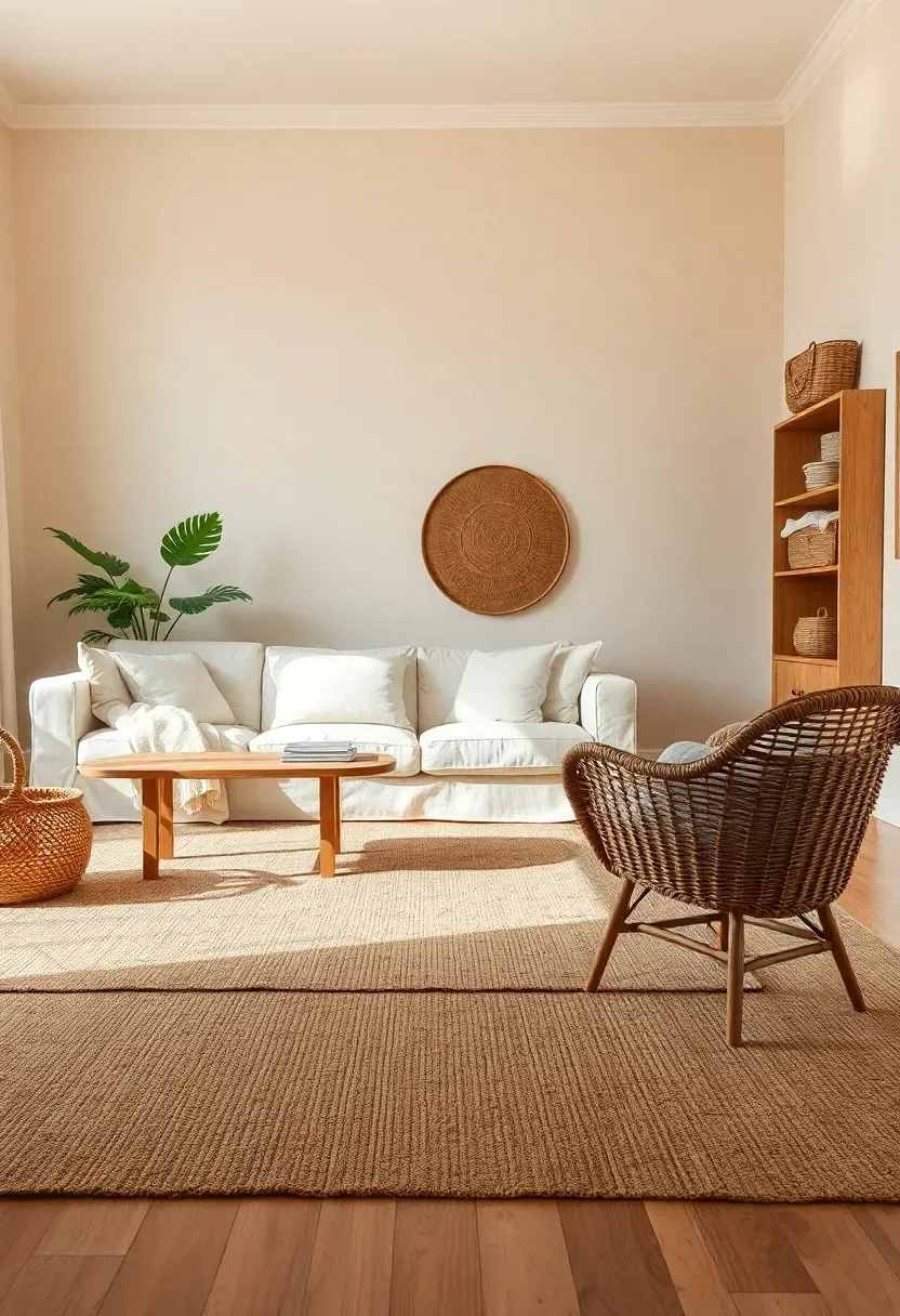 Hyper-realistic 3/4 view of a textural living room with warm cream walls, large jute area rug covering most of floor, linen sofa, oak coffee table, cane webbing chair, woven jute basket holding blankets, smaller jute baskets on shelves. Materials: cream paint, jute rug and baskets, linen upholstery, oak wood, cane webbing. Soft natural light showing jute texture variations and weave patterns, organic textural mood. Composition emphasizing woven elements throughout. Sharp details on jute fiber texture and cane webbing pattern. No text, no logos, no watermarks.</p>