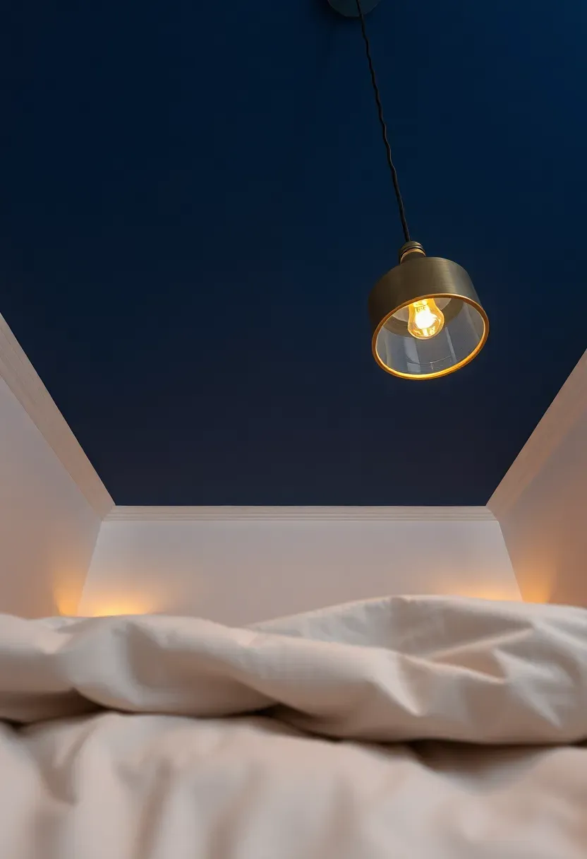 bedroom with deep twilight indigo painted ceiling and white walls with linen bedding