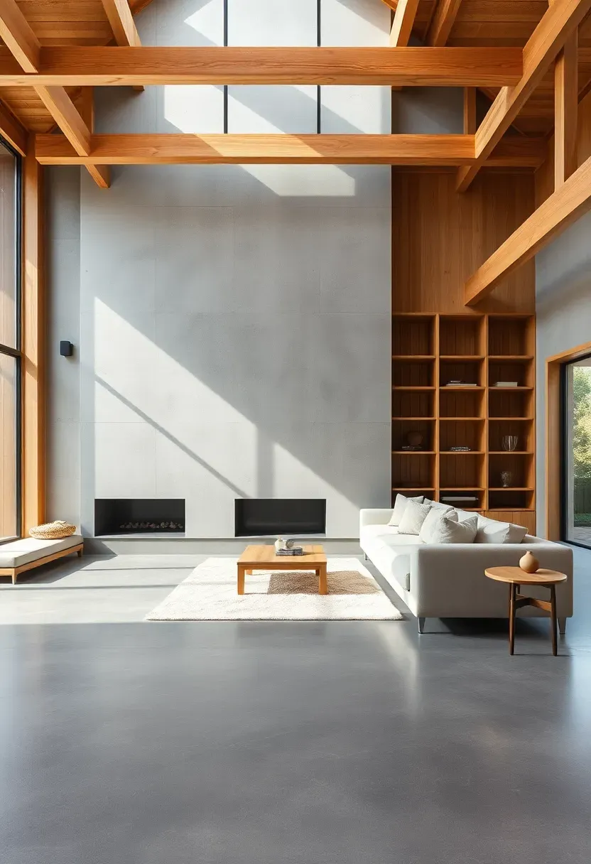 Hyper-realistic wide shot of a modern living room with polished concrete flooring in warm gray, concrete fireplace wall, warm oak ceiling beams, oak built-in shelving unit, cream linen sofa, oak coffee table. Materials: polished concrete floors and wall, warm oak wood beams and shelving, cream linen upholstery. Natural daylight from large windows creating contrast between cool concrete and warm oak, architectural modern mood with organic balance. Composition showing concrete and oak interaction throughout space. Sharp details on concrete surface and oak grain. No text, no logos, no watermarks.</p>