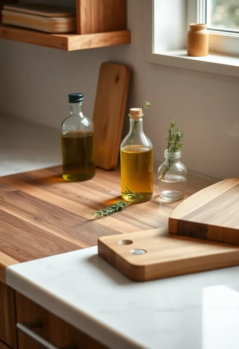 Kitchen counter with a section of warm walnut butcher block next to white quartz, with olive oil bottle, fresh herb sprigs, and a worn wooden cutting board in soft morning light