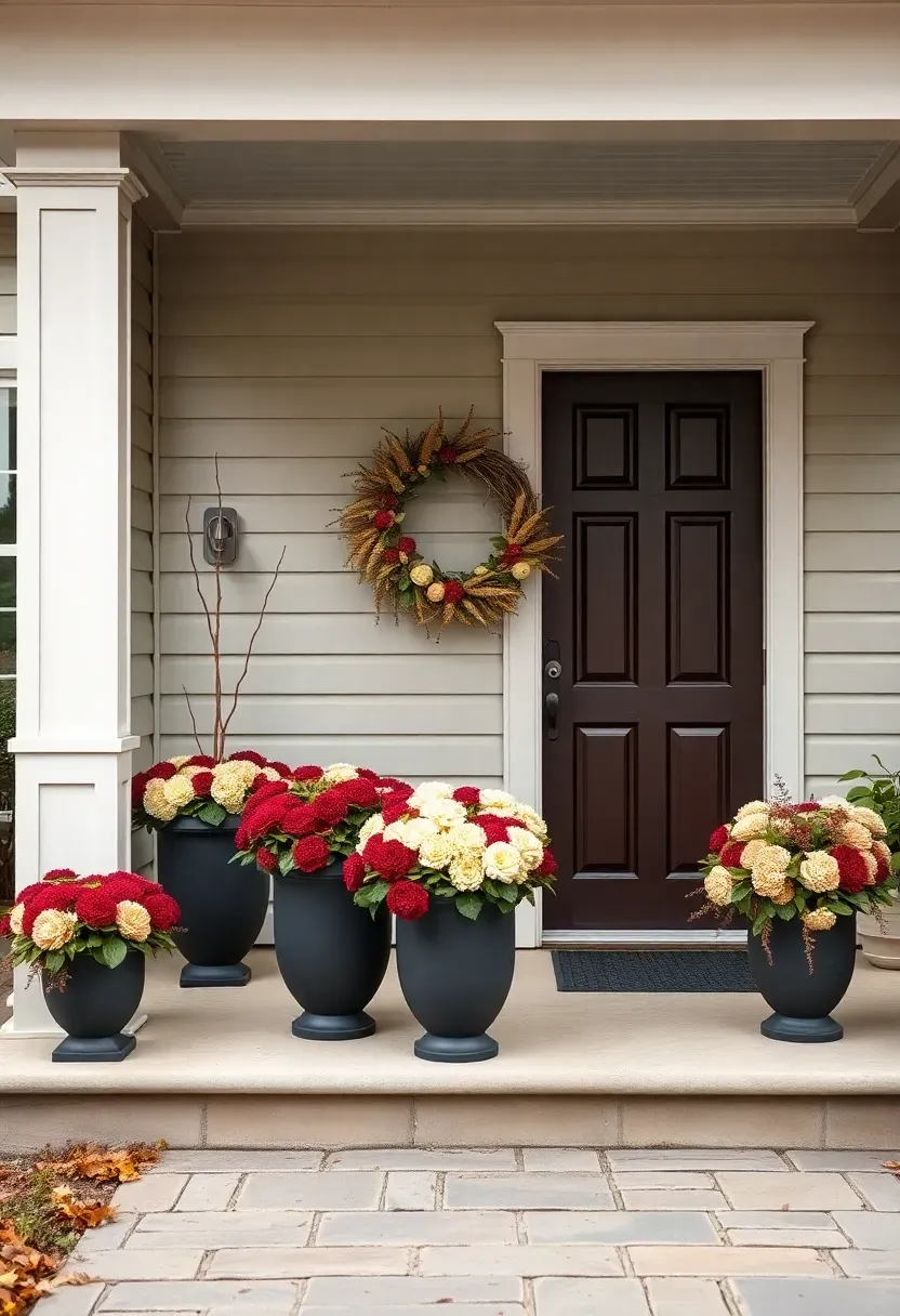 Hyper-realistic wide shot of a transitional front porch with balanced fall decor. Classic urn-shaped planters in matte charcoal contain mums in sophisticated burgundy and cream rather than bright colors. A wreath with traditional wheat and berries features streamlined, less abundant composition. Modern porch light fixtures in brushed nickel complement traditional planter forms. Porch has neutral siding and dark wood front door. Stone pavers form the floor. Soft overcast daylight with balanced exposure. Mix of traditional and contemporary architectural details visible. No text, no logos, no watermarks.</p>