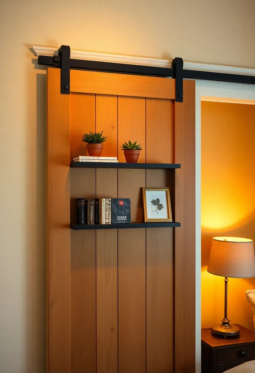 Barn door with shallow built-in shelves holding books and small plants on its face sliding over a bedroom closet