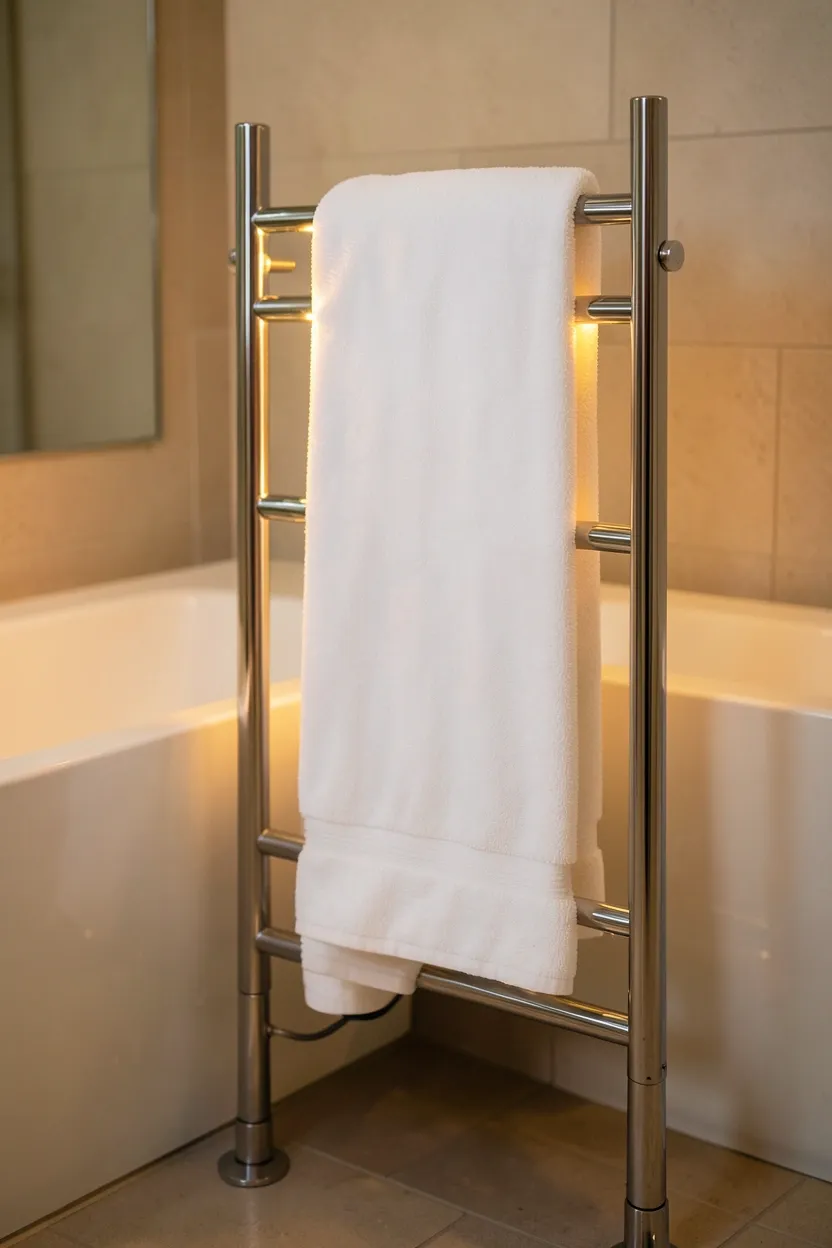 Freestanding chrome ladder towel warmer with white folded towels in a small apartment bathroom