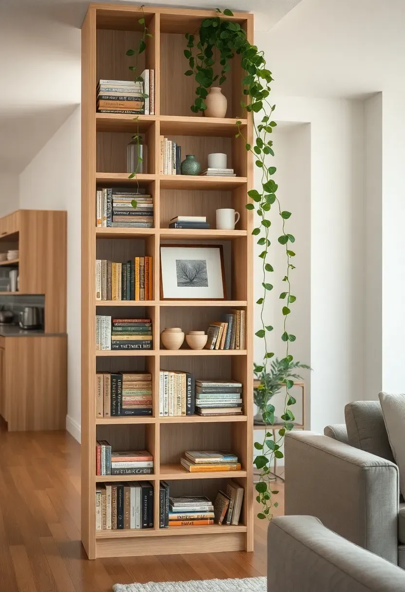 Open-plan living room using a tall wooden open bookshelf as a room divider, with books, plants, and decorative objects visible from both sides