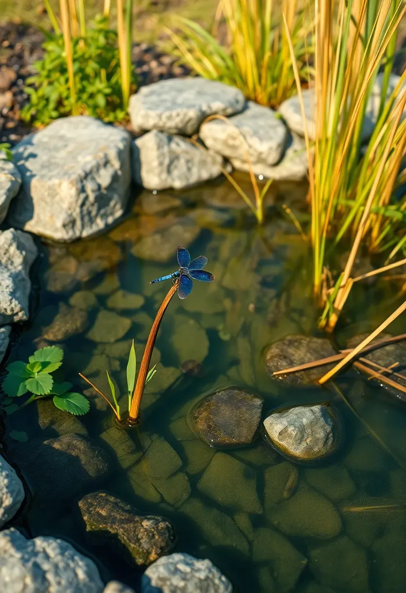 Small backyard wildlife stock pond in Texas with water plants, natural stone edging, native grasses, and a dragonfly perched on a reed