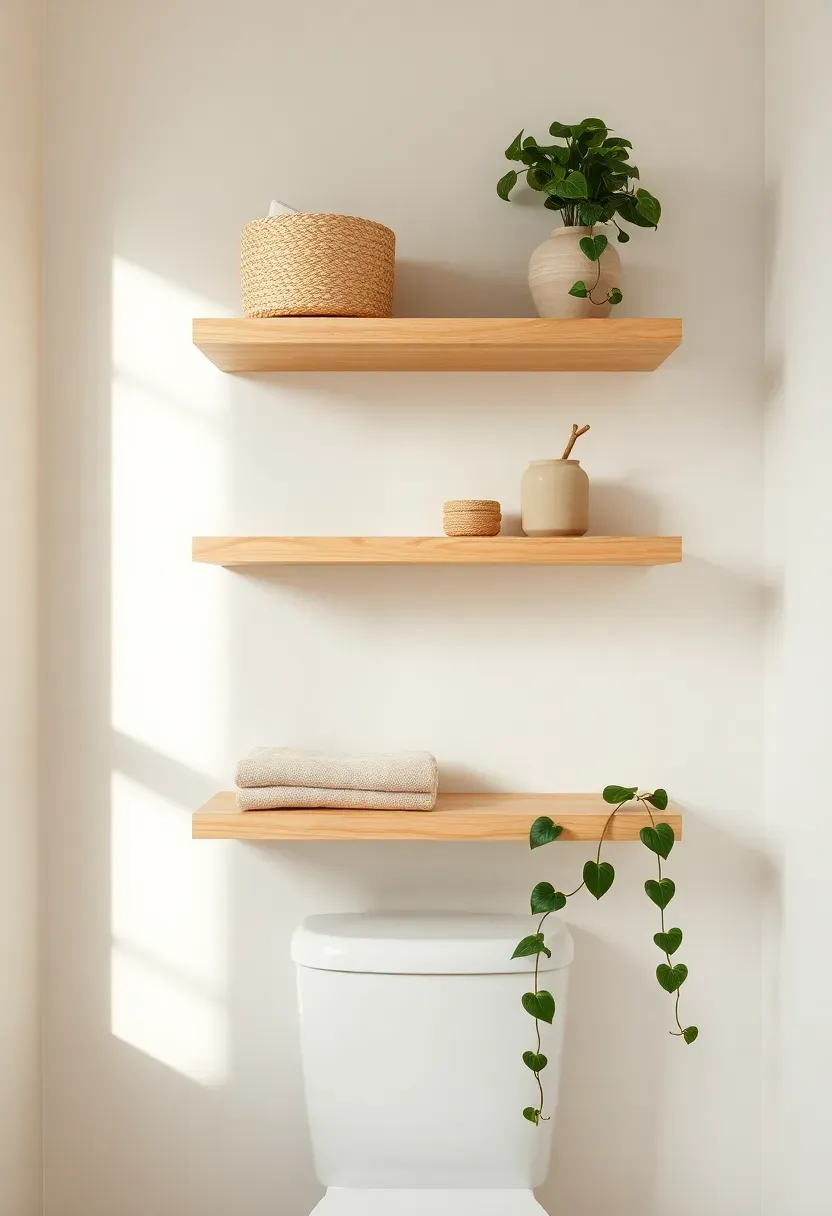 two wood floating shelves above toilet with woven baskets and ceramic jars
