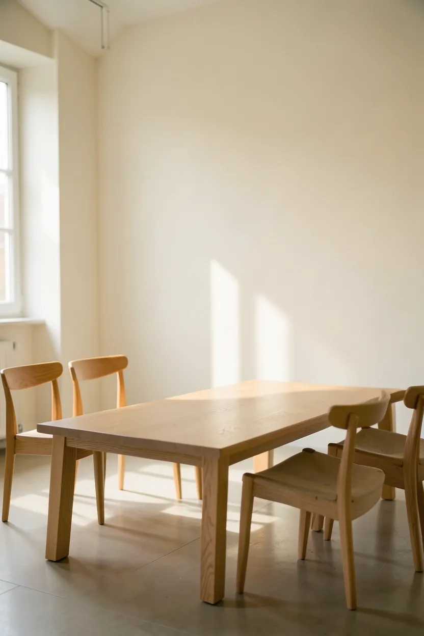 Light oak dining table with clean-line chairs in a minimalist rental apartment, warm neutral walls