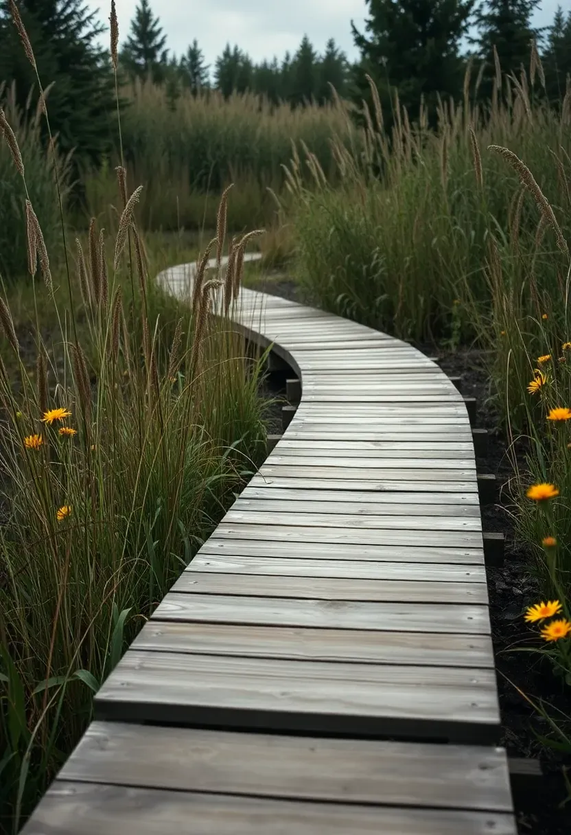 Raised cedar boardwalk pathway winding through a boggy backyard garden area with tall grasses and wildflowers on each side