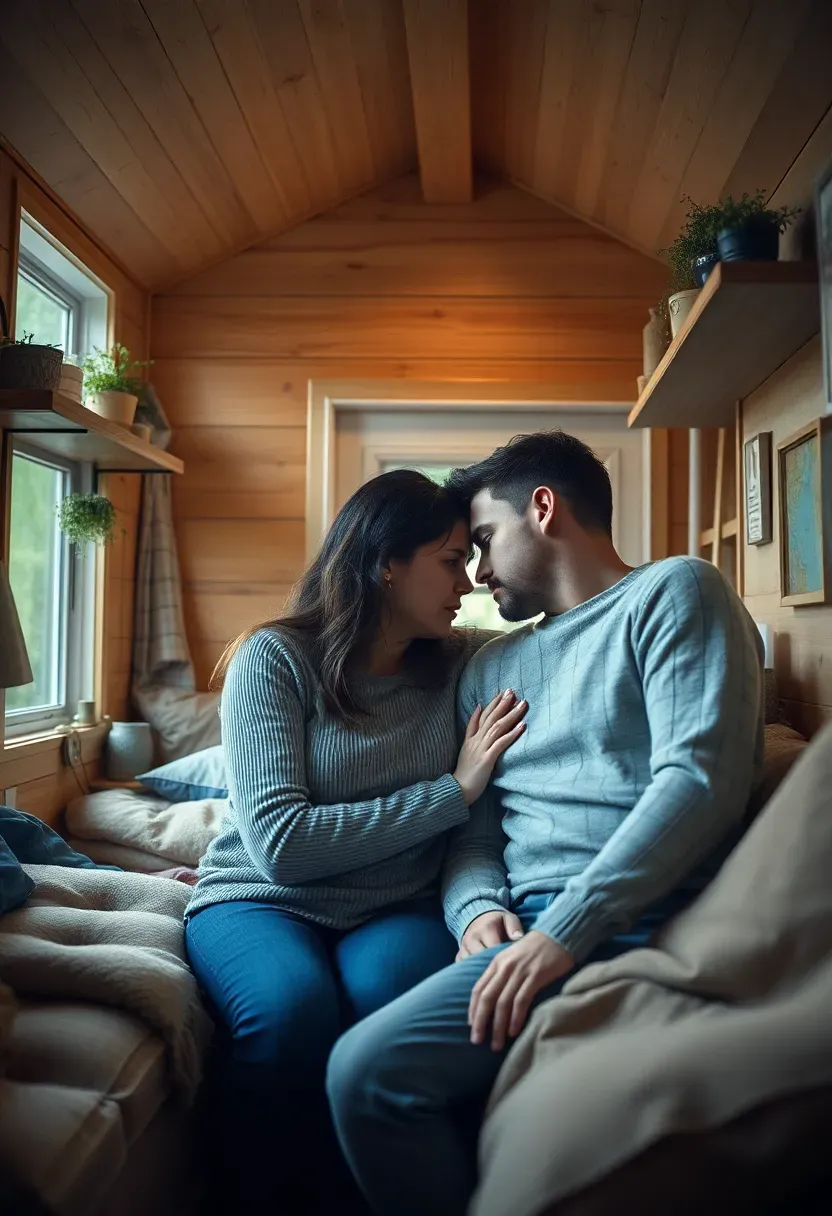 Hyper-realistic 3/4 view of a tiny house interior showing a couple in an intimate but tense moment, suggesting the relationship pressures of extremely close living. Materials: soft furnishings, personal items, limited space. Natural interior lighting showing emotional proximity. Relationship challenge mood with visible lack of escape space during interpersonal tension. Shallow depth of field, sharp emotional details, realistic relationship composition. No text, no logos, no watermarks.</p>