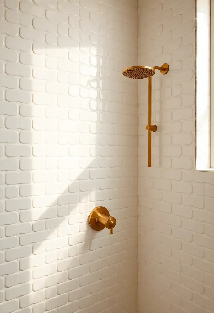 Shower wall covered in warm white hand-glazed zellige tiles with irregular edges catching soft natural light