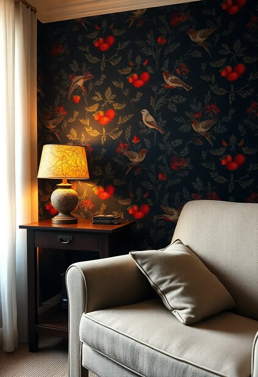 William Morris Strawberry Thief wallpaper in deep indigo and red covering a living room wall