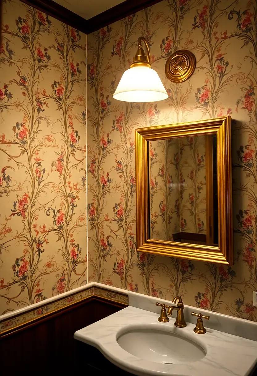 Polished brass picture light with curved shade above a gold-framed mirror in a traditional bathroom with wallpaper and dark wood vanity