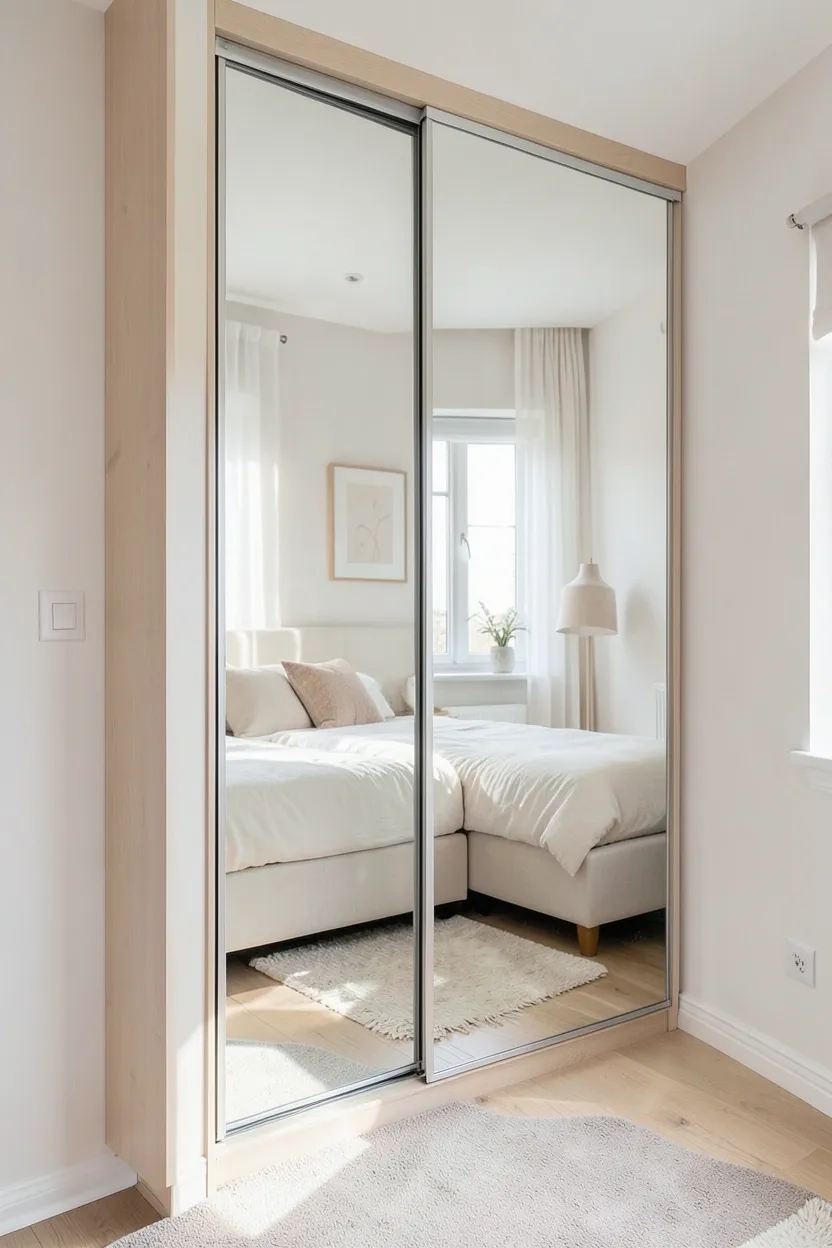 Sliding wardrobe with full-length mirrored doors reflecting natural light in a small bedroom, visually doubling the space