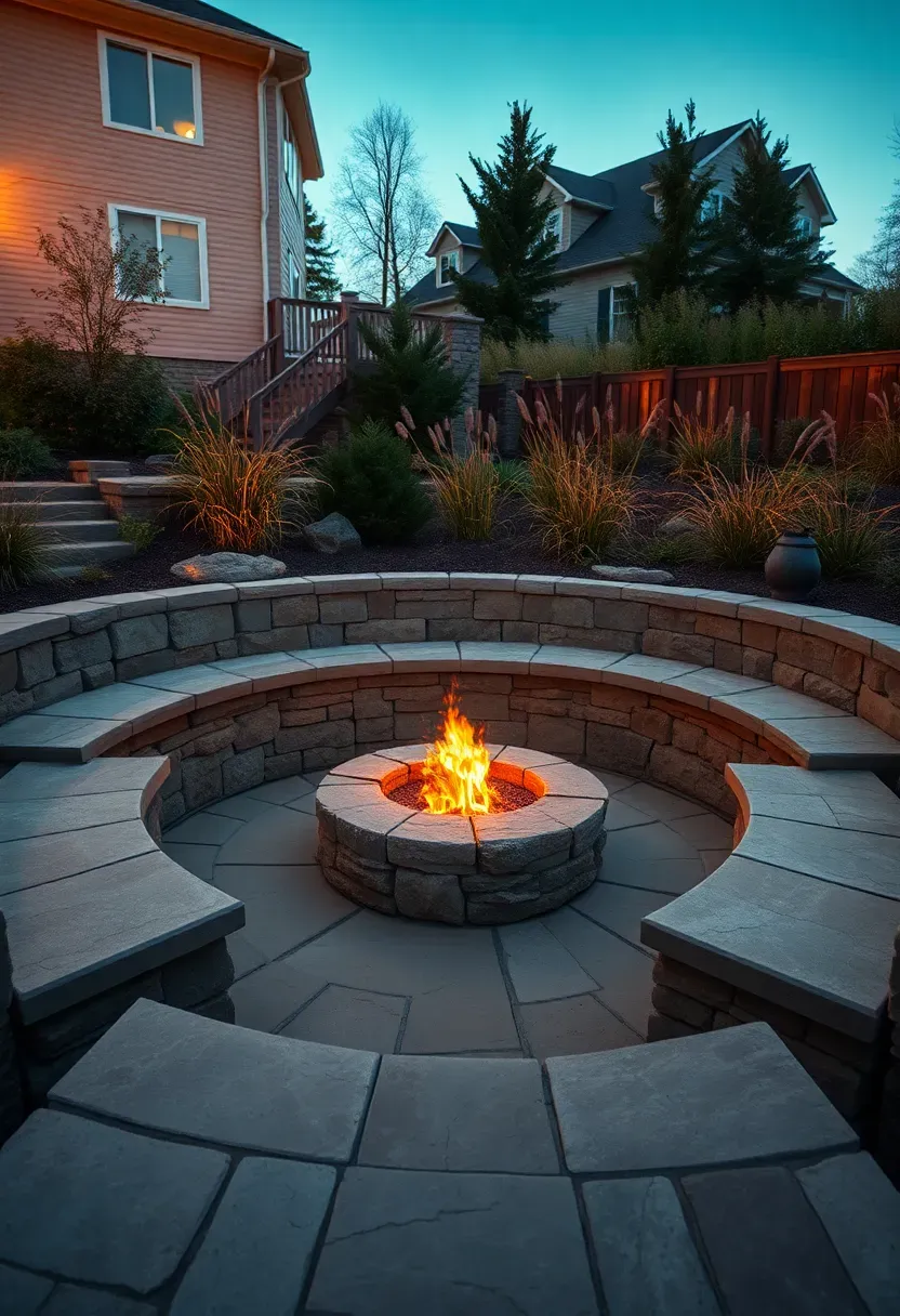 Sunken backyard conversation area with built-in stone benches, a central fire pit, and surrounding landscape plantings slightly above eye level