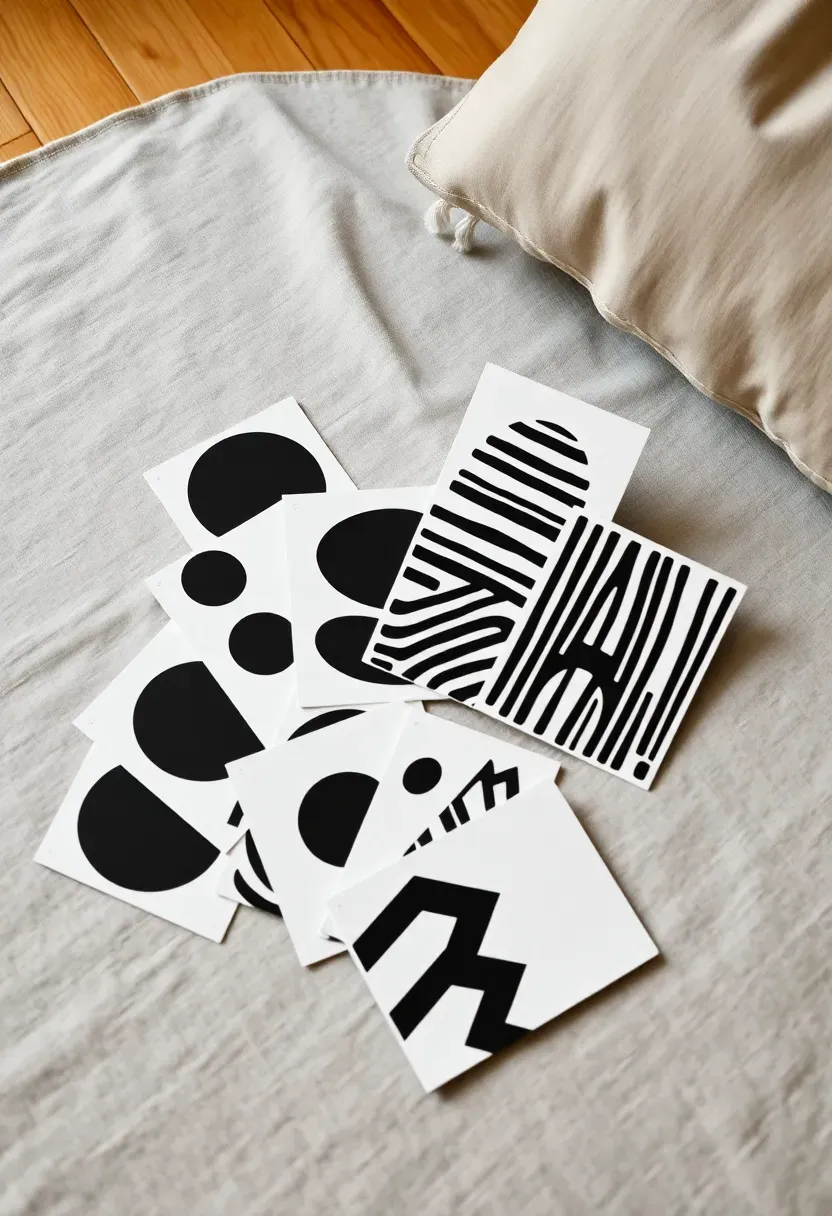 set of high contrast black and white baby visual stimulation cards fanned out on a play mat
