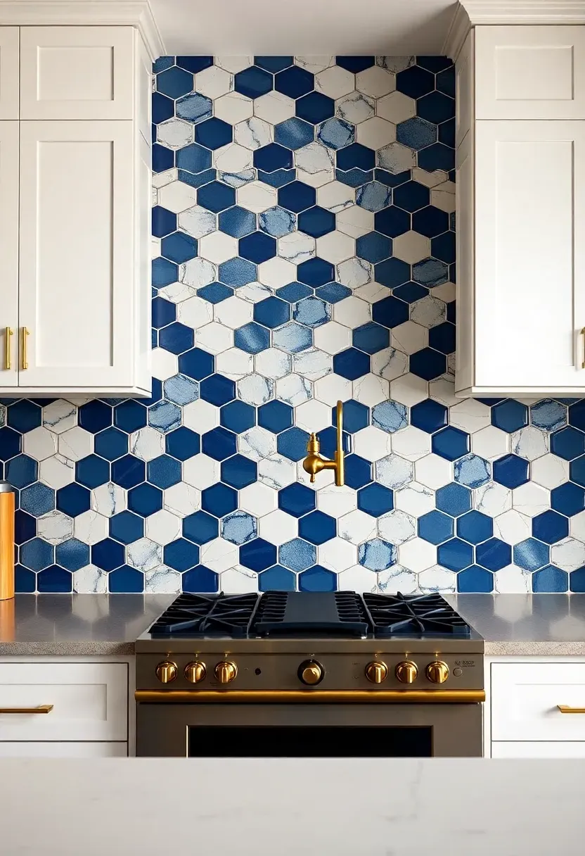 Dramatic kitchen backsplash with AI-generated geometric tile pattern in deep navy and white, extending floor to ceiling behind the range