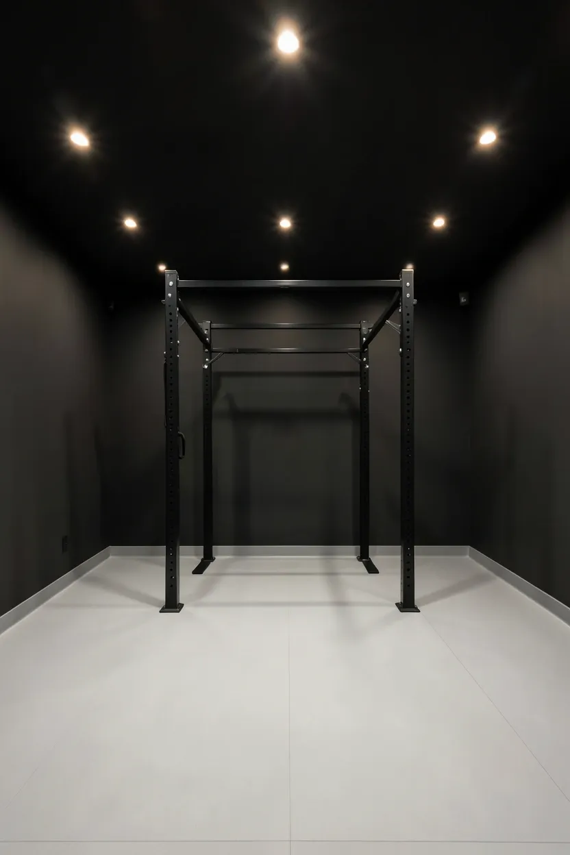 Charcoal-painted home gym with evenly spaced recessed can lights and light-toned rubber flooring