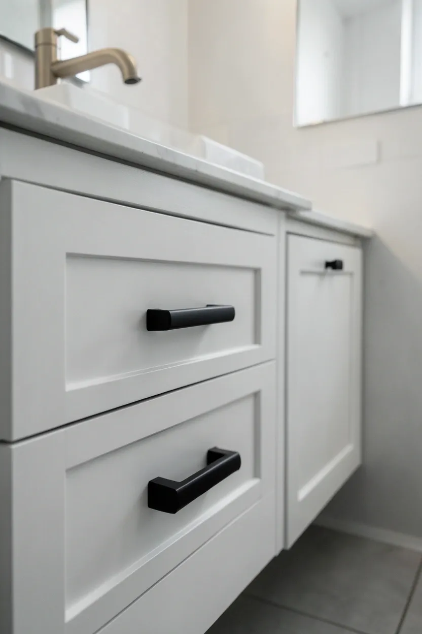 Matte black cabinet pulls and drawer handles on white bathroom cabinetry — high-contrast renter-friendly hardware upgrade