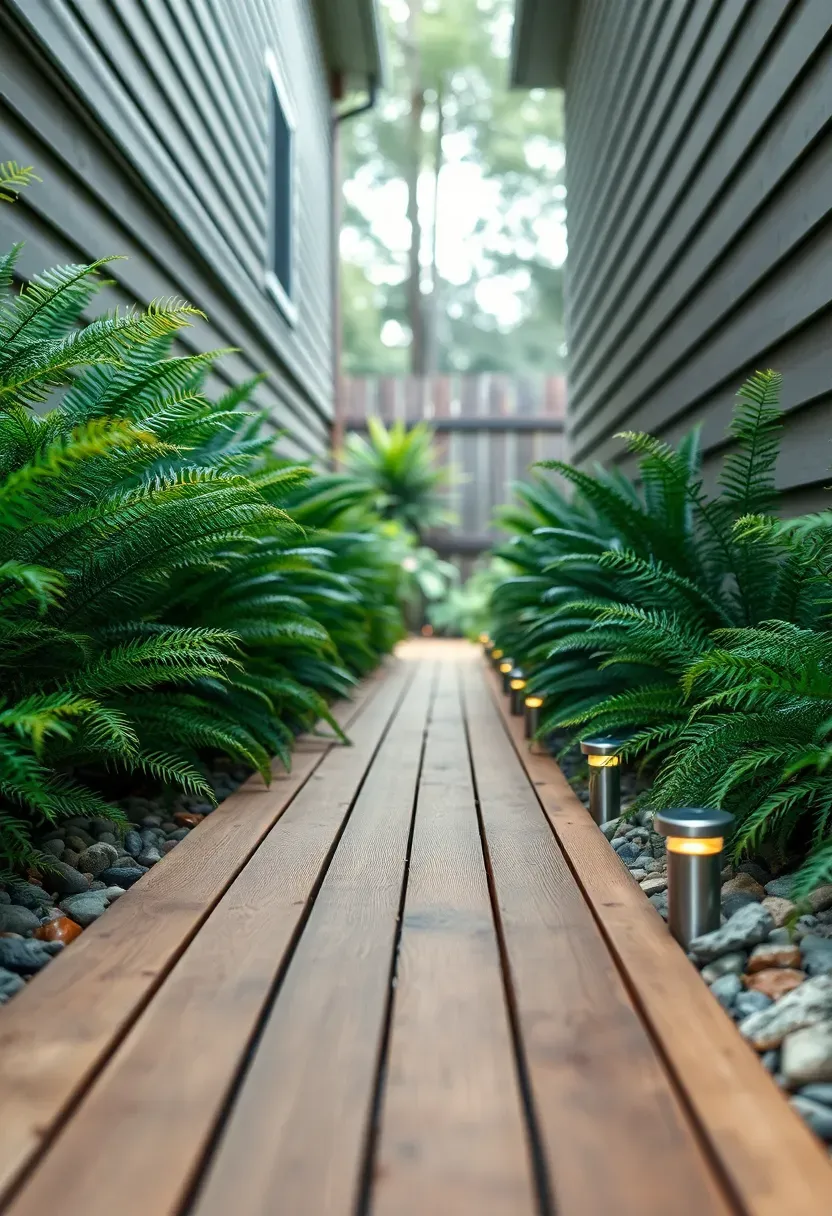 Narrow wooden deck walkway running along the side of a house connecting front yard to backyard, with ferns and shade plants on both sides