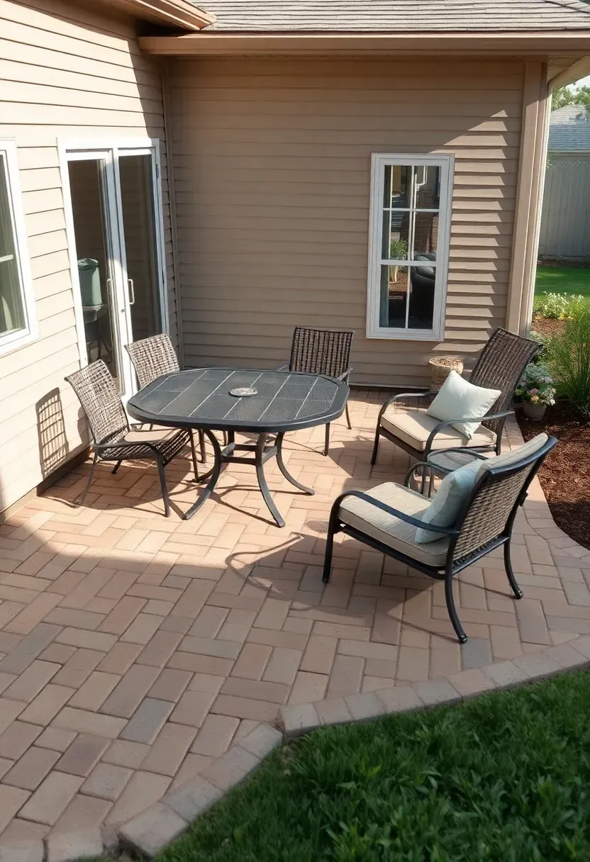 L-shaped paver patio wrapping around the corner of a house with outdoor dining on one side and lounge chairs on the other