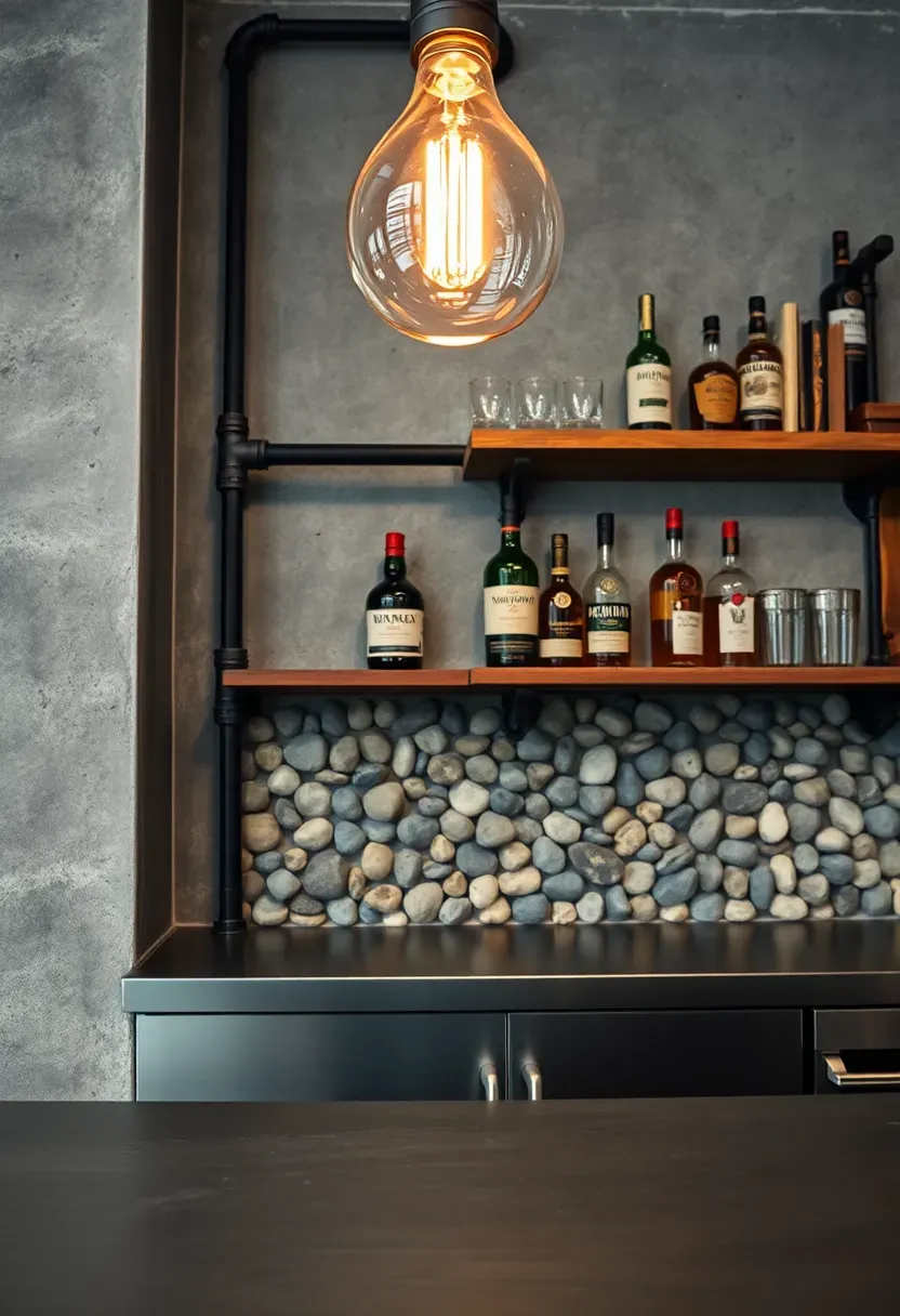 exposed aggregate concrete backsplash with visible river pebbles behind a modern industrial bar