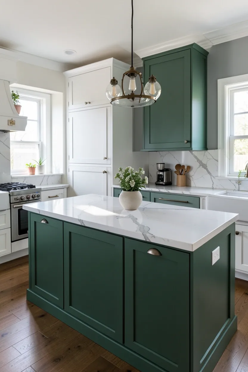 Seafoam Green Island with White Perimeter Cabinets
