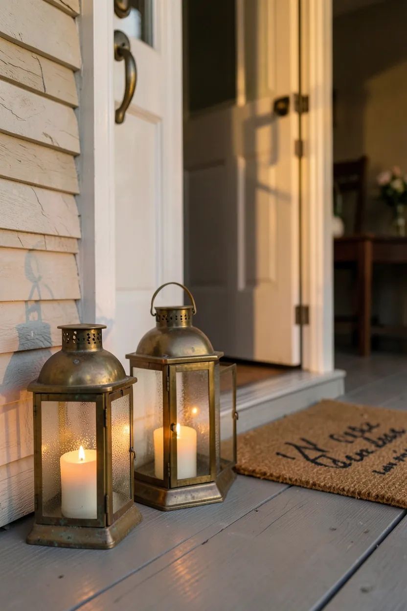 Hyper-realistic 3/4 view of a fall front porch with three vintage metal lanterns in brass and galvanized finish near a front door. Materials: weathered brass patina, seeded glass panels, warm LED candle glow, brushed metal, welcome mat. Warm sunset light through open doorway, soft shadows on porch floor. Elegant nostalgic atmosphere. Shallow depth of field, sharp details on lantern details, balanced composition showing door handle and step. No text, no logos, no watermarks.</p>