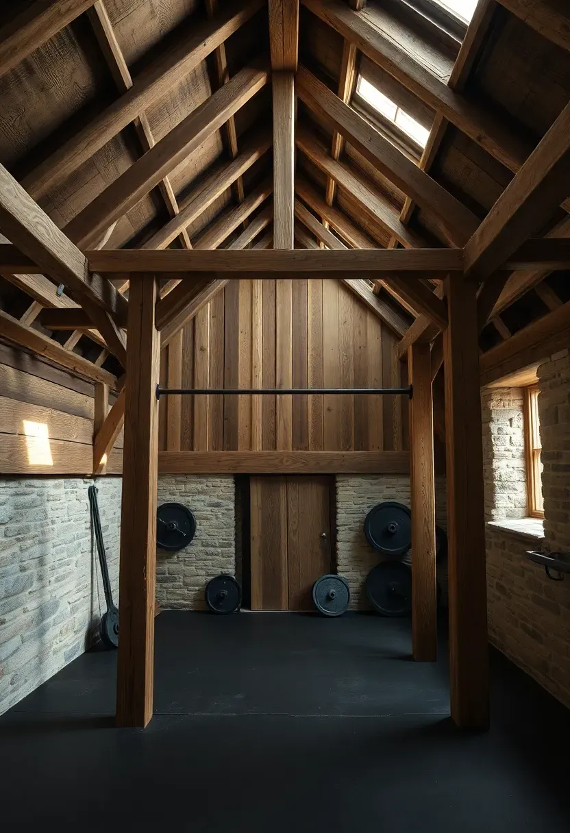 Rustic barn conversion home gym with exposed timber beams, iron equipment, stone floor sections, and natural daylight from high windows