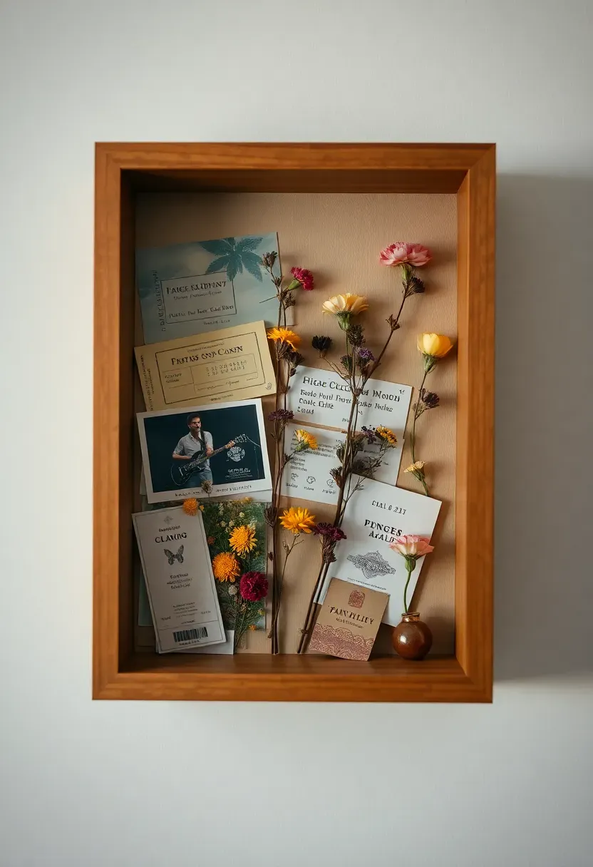 Shadow box memory display on a teen bedroom wall with concert tickets, photos, and travel mementos arranged in a curated layout