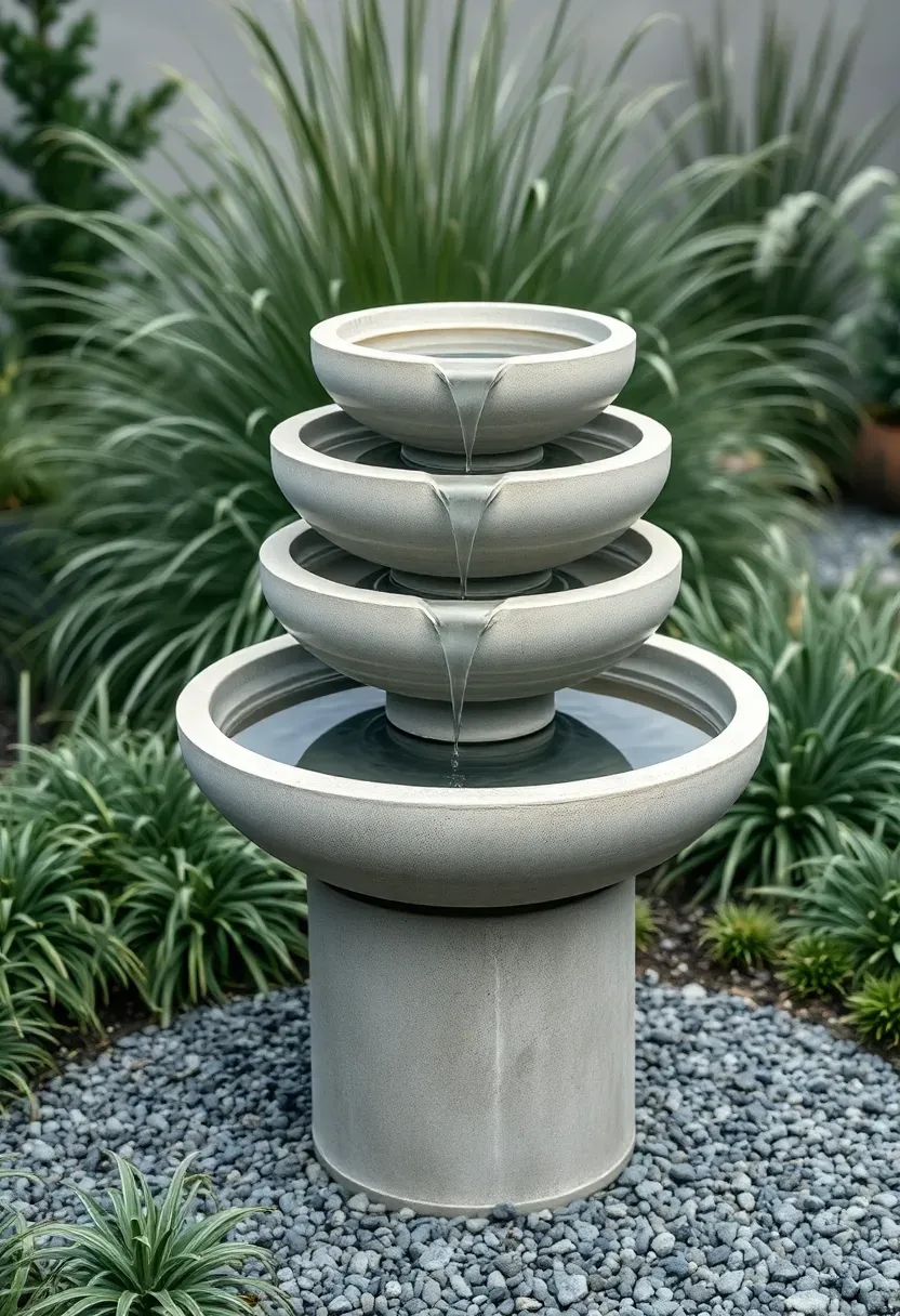 Three tiered modern concrete bowls in graduated sizes on a pedestal with water flowing smoothly from top bowl to bottom in a contemporary garden