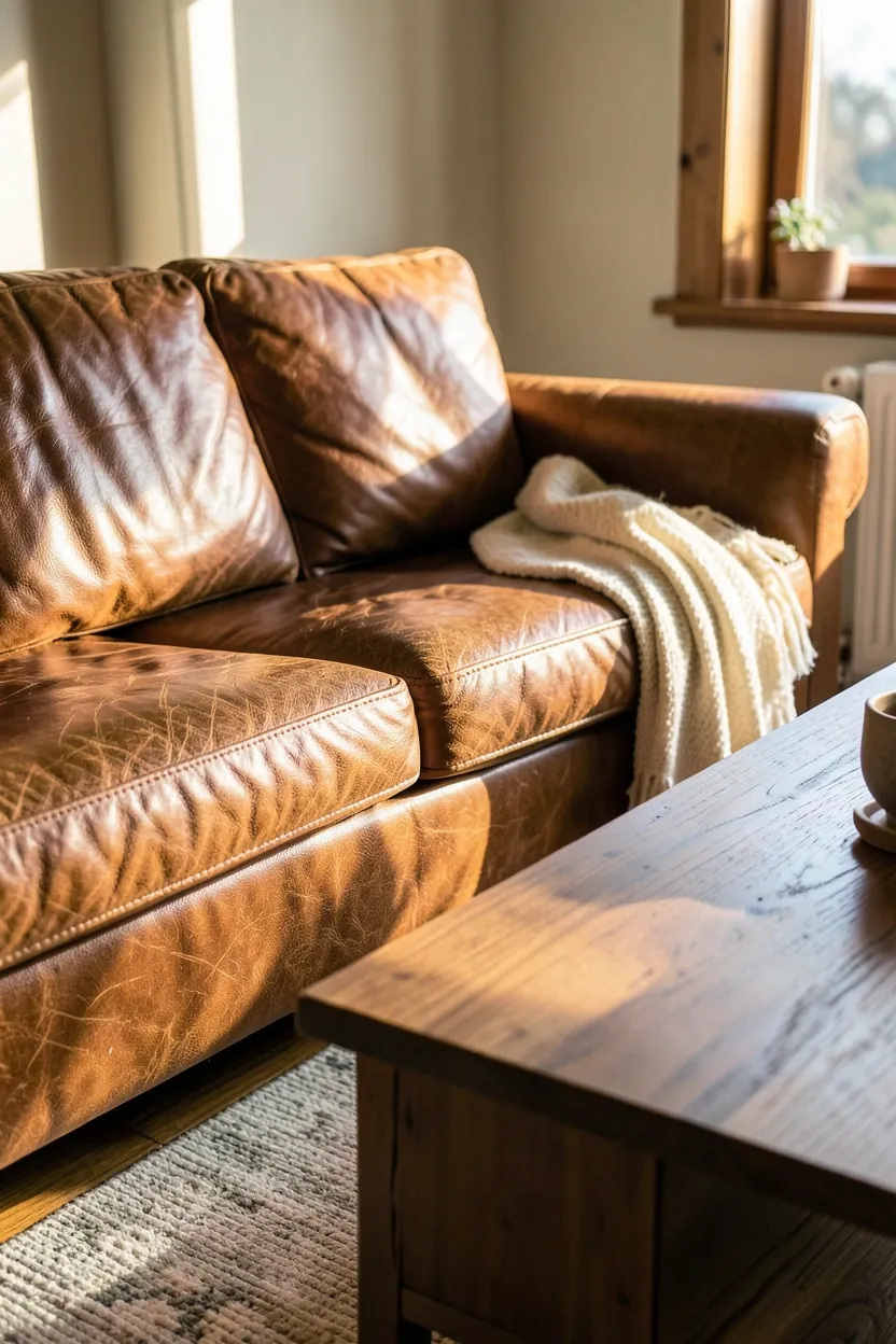 Cognac leather sofa with reclaimed wood side table and woven throw in a warm modern rustic living room