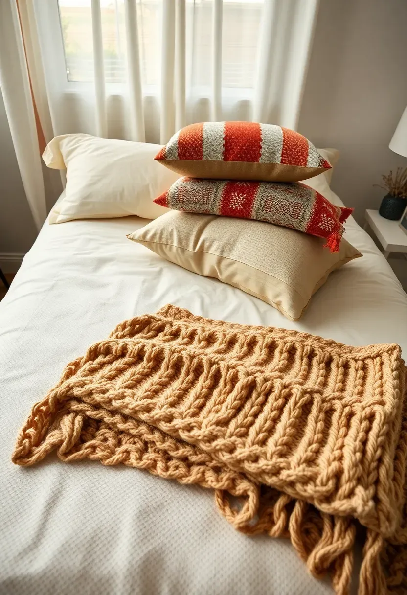 boho layered bedding in a girl dorm room with textured pillows and knit throw