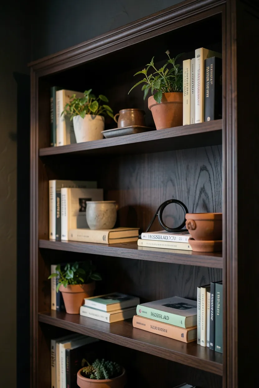 Dark stained wood bookshelves styled with plants, ceramics, and books in a moody dark boho living room — apartment display idea