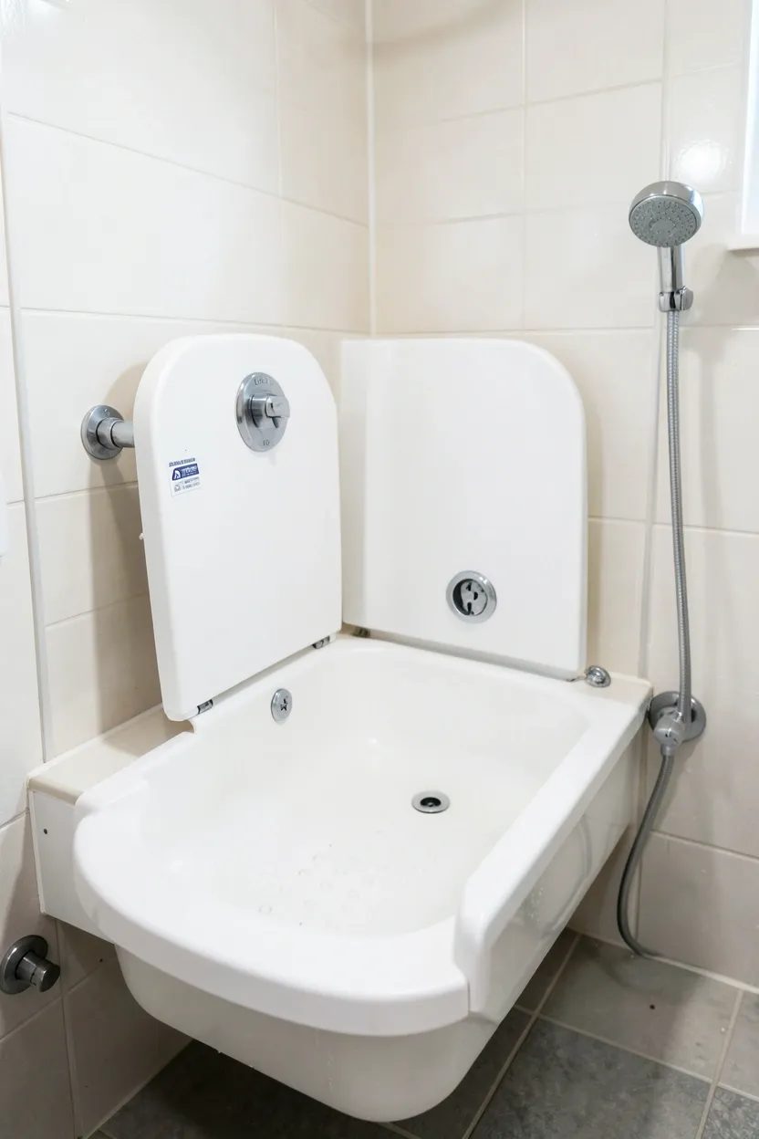 Collapsible wall-mounted bathtub unfolded in a tiny house bathroom for toddler bath time, with non-slip surface and temperature indicator visible