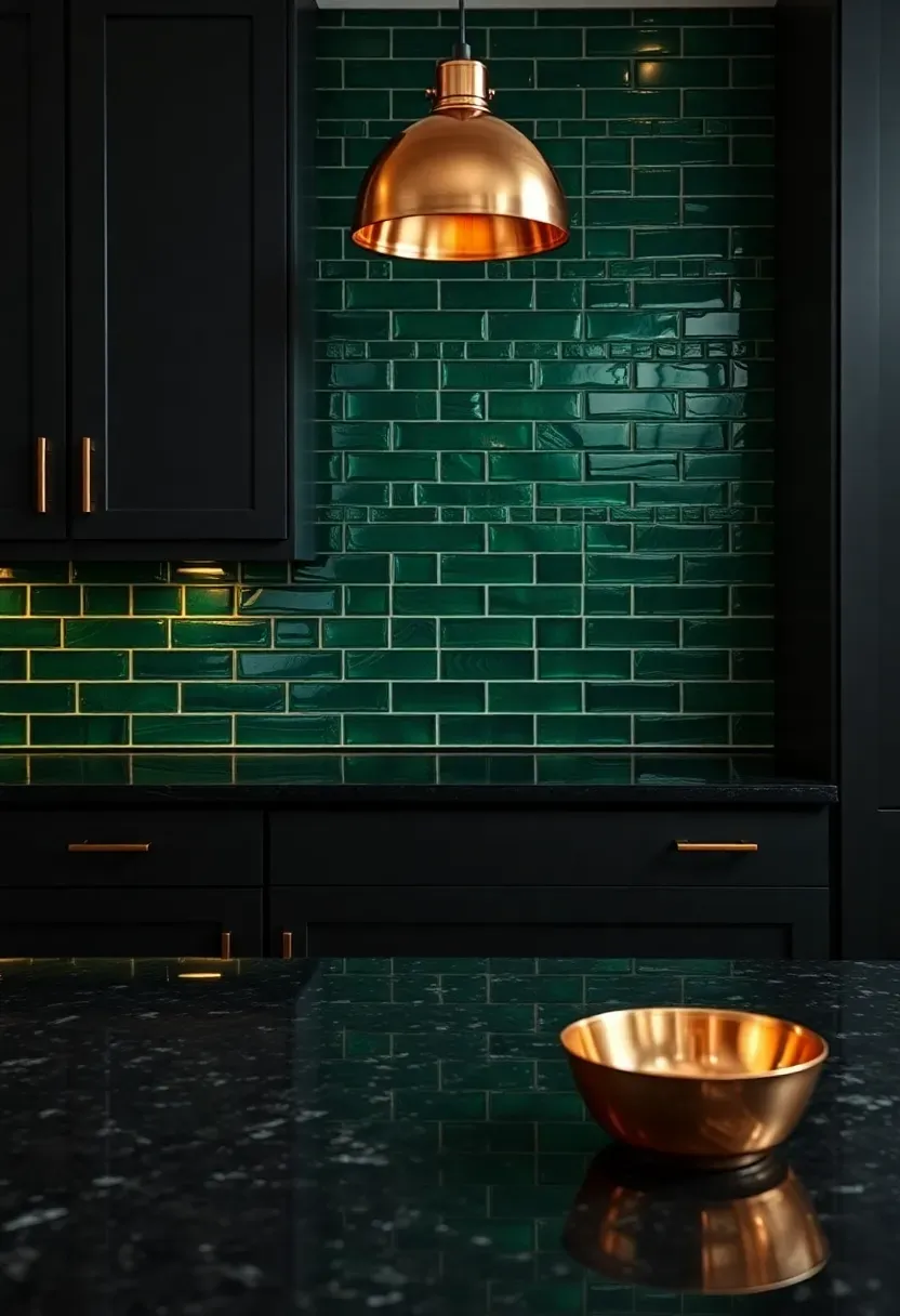 deep emerald green glass tile backsplash catching light in a dark moody kitchen with black cabinets and copper accents