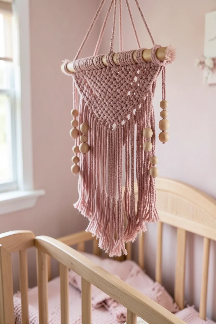 Handmade macramé mobile in dusty rose and cream cotton hung above wooden crib in boho nursery