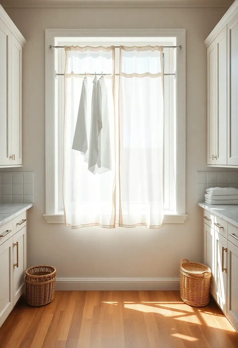 Hyper-realistic view toward window with white linen curtain blowing slightly, chrome rod below with white shirts hanging, white shaker cabinets flanking window, marble countertop with folded towels, woven baskets, light oak hardwood floor, sunshine streaming through. Materials: cotton linen, chrome metal, painted wood, marble, oak flooring, natural fiber. Bright daylight with shadows, airy fresh mood, shallow depth of field. No text, no logos, no watermarks.</p>