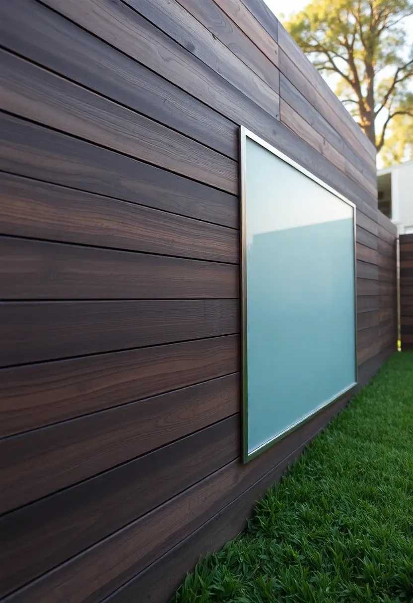 A modern fence combining dark-stained horizontal wood boards with frosted glass panel inserts allowing light but blocking views