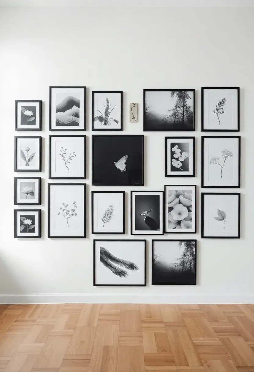 Hyper-realistic straight-on view of monochromatic gallery wall with black and white photography in black frames, botanical prints in white frames, abstract gray pieces. Uniform black wood frames, white mats creating breathing room. Organic grid arrangement with intentional spacing. White wall background, light oak floor below. Soft diffused natural light. Minimalist curated display mood. Shallow depth of field showing frame textures and mat details. No text, no logos, no watermarks.</p>