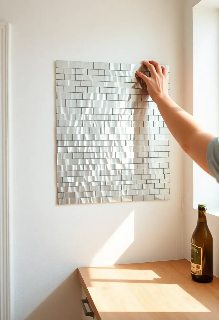 peel-and-stick metallic mosaic backsplash being installed behind a small apartment bar area
