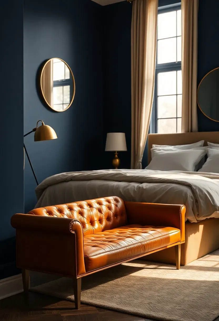 adult bedroom with dark navy blue walls caramel leather bench at the foot of the bed cream bedding and a brass floor lamp