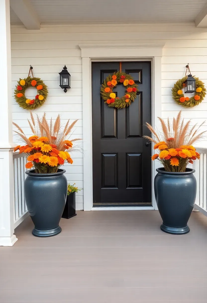 Hyper-realistic wide shot of a traditional front porch with perfect symmetrical fall decor. Two identical large ceramic planters in charcoal gray flank a dark wood front door, each containing matching arrangements of orange mums, yellow mums, and dried wheat stalks. Matching wreaths in autumnal colors hang on the white clapboard walls at identical heights. Two identical black lanterns sit on either side of the door. Porch has white railings and painted wood floor. Soft afternoon light. No text, no logos, no watermarks.</p>