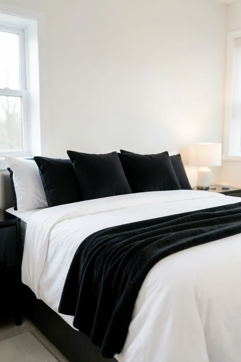 Crisp white linen bedding with black throw pillows, black piping on duvet cover, and a black blanket draped at the foot of the bed