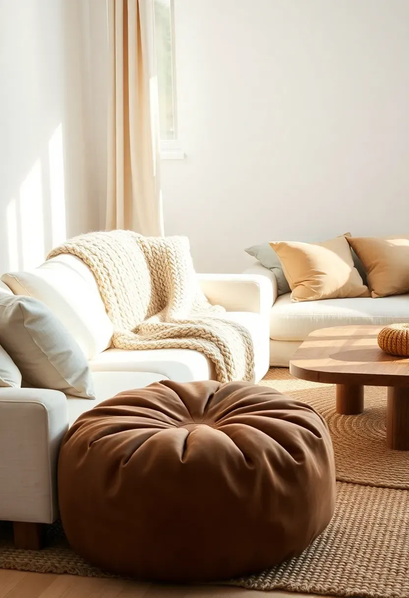 Hyper-realistic 3/4 view of a neutral minimalist living room focused on texture layers. Materials: cream linen sofa, chunky knit wool throw, smooth leather pouf, raw wood coffee table, woven jute rug, velvet pillows in varying beige tones. Natural window light creating subtle shadows that highlight fabric textures. Warm soft color palette with creamy whites, warm beiges, soft taupe. Visible uncluttered room with white walls and light wood floor. Sharp focus on material textures, shallow depth of field. No text, no logos, no watermarks.</p>