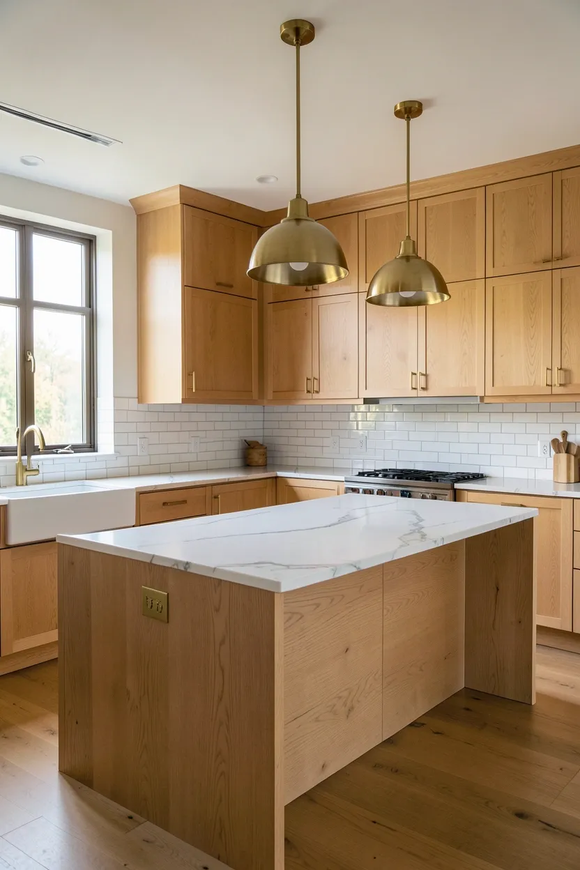 Hyper-realistic wide shot of a modern fall kitchen with light oak flat-panel cabinetry throughout. Natural oak grain visible with warm amber undertones. White marble countertop with warm gray veining provides bright contrast. Brass hardware on cabinets and drawers. Large rectangular island in same oak with waterfall edge. Three brass pendant lights hang in a row over island. Subway tile backsplash in white with warm gray grout. Large windows provide natural light. Clean organized surfaces. No text, no logos, no watermarks.</p>