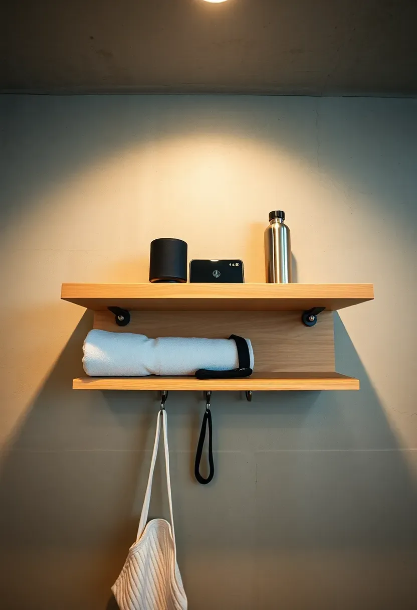 Wooden floating shelf in a basement gym holding a Bluetooth speaker, phone dock, water bottle, and small towel rack below