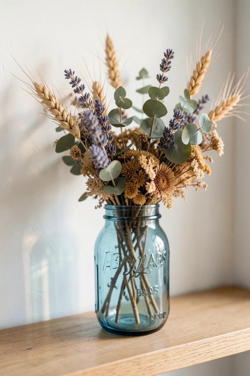 Dried eucalyptus and lavender arrangement in a galvanized metal bucket on a farmhouse bathroom shelf with warm earth tones