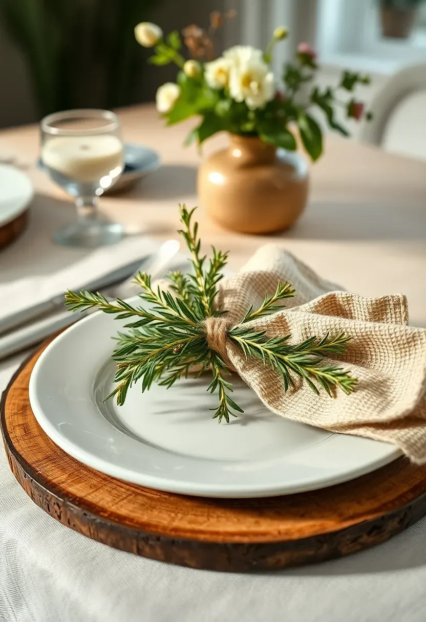 Easter place setting with fresh herb sprigs tied to linen napkins with twine