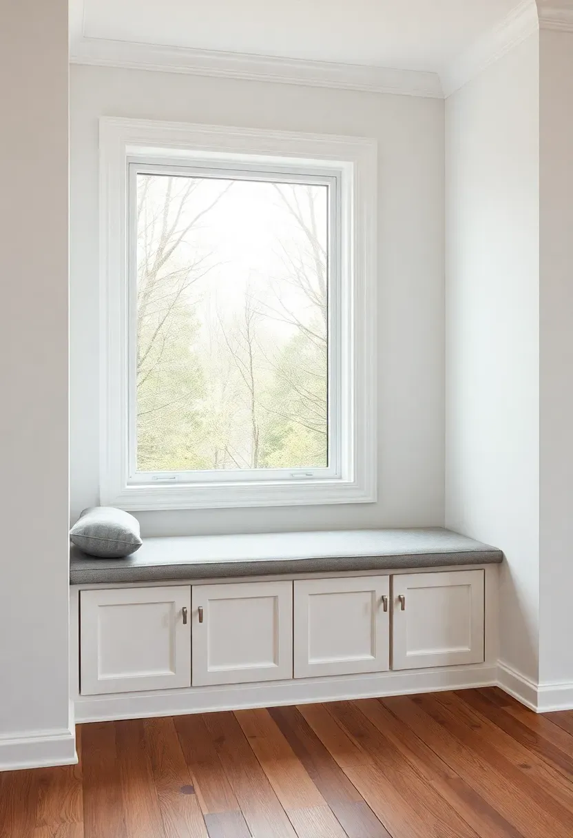 Hyper-realistic view of minimalist living room corner with built-in window seat featuring white cabinetry with storage, gray cushion top, large window behind, white walls, oak floor. Materials: white painted built-in cabinetry, gray fabric cushion, oak floor. Natural light from window, cozy functional mood. Architectural built-in seating, shallow depth of field, no text, no logos.</p>